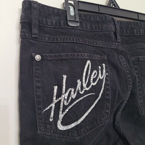Harley-Davidson Jeans Womens 16P Black Bling Spellout Bootcut Denim Pants - Picture 1 of 6